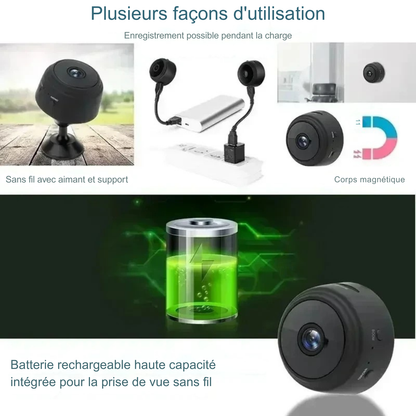 Infographie montrant les modes d'utilisation de la caméra animaux : corps magnétique, support rotatif et batterie rechargeable longue durée. Cette caméra surveillance chat et chien sans fil peut enregistrer pendant la charge via USB ou powerbank, offrant une flexibilité totale pour la caméra surveillance chien en intérieur.