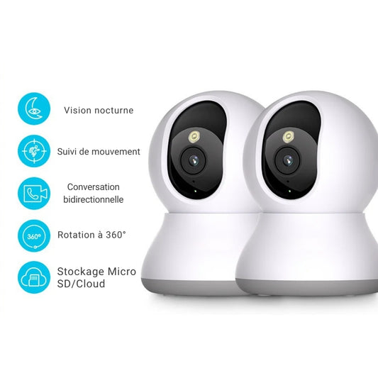Paire de caméras de surveillance intelligentes pour animaux avec rotation à 360°, suivi de mouvement, vision nocturne, conversation bidirectionnelle et stockage Cloud/Micro SD.