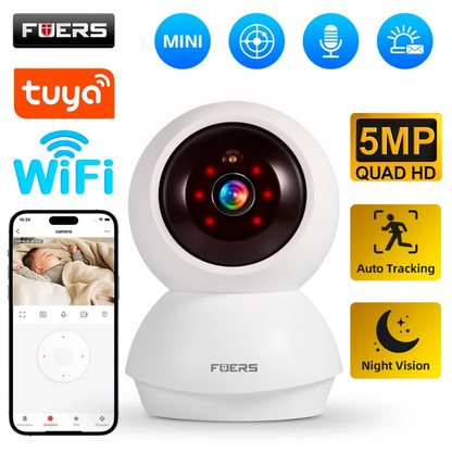 Caméra de surveillance animaux haute définition 5MP Quad HD compatible Tuya Smart. Cette caméra chat et caméra chien inclut le suivi automatique (Auto Tracking), la vision nocturne et l'audio bidirectionnel. Visualisation en direct sur smartphone via WiFi pour surveiller vos animaux de compagnie avec une clarté exceptionnelle. Design mini et compact pour la maison.