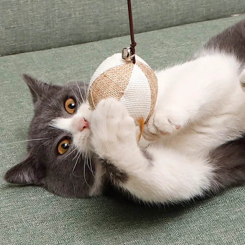 Chat gris et blanc jouant avec une canne à pêche interactive dotée d'une balle en sisal et toile de jute bicolore, équipée d'une petite clochette pour la stimulation sonore.