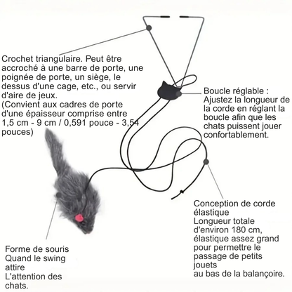 Infographie technique du jouet pour chat suspendu avec souris en peluche grise. Schéma détaillant le crochet triangulaire, la boucle de réglage tête de chat et la corde élastique de 180 cm. Ce jouet chat interactif s'installe sur les cadres de porte pour stimuler l'instinct de chasse. Un indispensable parmi les jouet animaux pour un divertissement autonome et physique.