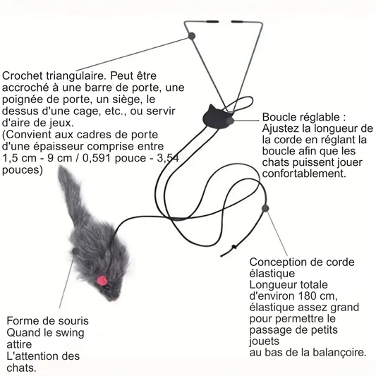 Infographie technique du jouet pour chat suspendu avec souris en peluche grise. Schéma détaillant le crochet triangulaire, la boucle de réglage tête de chat et la corde élastique de 180 cm. Ce jouet chat interactif s'installe sur les cadres de porte pour stimuler l'instinct de chasse. Un indispensable parmi les jouet animaux pour un divertissement autonome et physique.