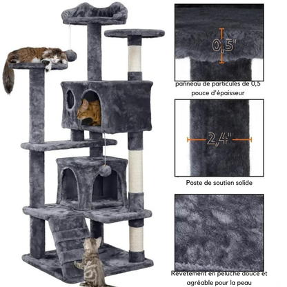 Infographie détaillant la qualité de fabrication d'un arbre à chat gris anthracite : poteaux de soutien de 2,4 pouces, panneaux de 0,5 pouce d'épaisseur et peluche douce. Vue d'un arbre chaton et chat adulte robuste avec rampe et double niche. Mobilier stable pour arbre a chat Les Trésors d'Owka.