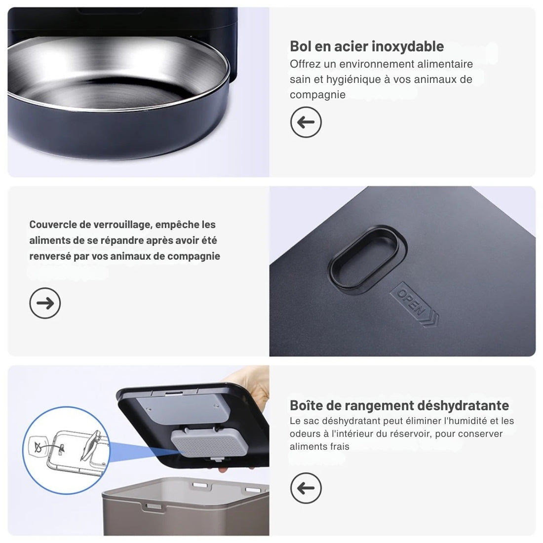 Gros plan sur les fonctionnalités du distributeur automatique noir : bol en acier inoxydable hygiénique, couvercle sécurisé avec bouton "Open" et compartiment supérieur pour sac déshydratant anti-humidité.