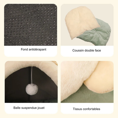 Vue détaillée des caractéristiques d'un panier chat : fond antidérapant à picots, coussin pour chat amovible double face, balle de jeu suspendue et tissus en peluche douce. Montage technique présentant ce coussin à chat igloo robuste et confortable. Qualité premium Les Trésors d'Owka.