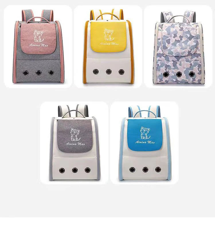 Vue d'ensemble de cinq modèles de sacs à dos de transport pour chat aux styles variés : gris chiné et rose, blanc et jaune, camouflage rose, blanc et gris, et blanc et bleu azur, tous dotés de trois œillets d'aération frontaux.