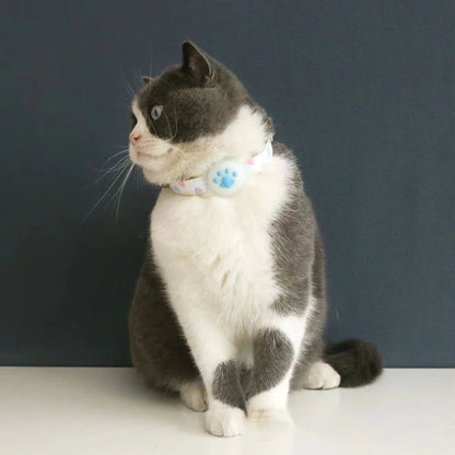 Chat bicolore gris et blanc portant un collier gps pour chat bleu ciel à motifs cœurs. Le support AirTag en silicone blanc avec empreinte de patte bleue est parfaitement ajusté. Ce collier gps chat esthétique et confortable assure une localisation sécurisée. Un accessoire type collier gps à chat idéal pour la protection quotidienne de votre félin.