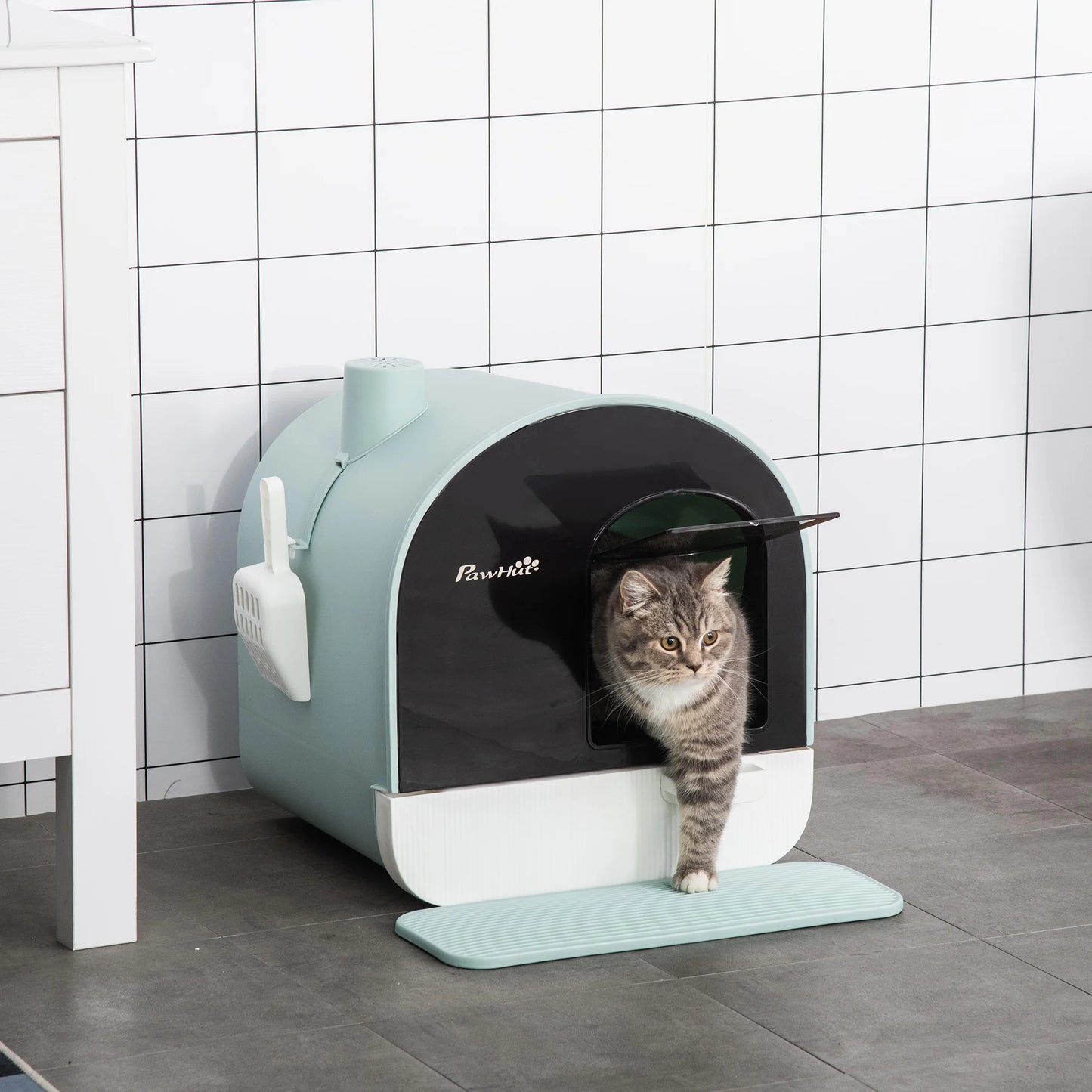 Un chat gris sortant d'un bac à litière chat PawHut bleu ciel et noir, posé sur un carrelage devant un mur blanc. Ce bac a litiere inclut un tapis de sortie pour une hygiène parfaite, idéal comme bac à litière pour chaton.