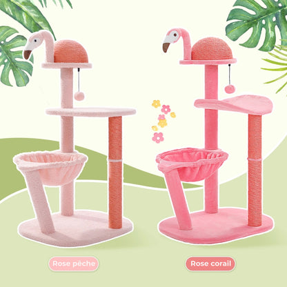 Comparaison des coloris de l'arbre à chat Flamant rose : version Rose Pêche clair et version Rose Corail vif, tous deux avec panier hamac, perchoir tête de flamant et griffoirs intégrés.