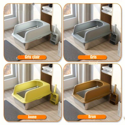 Comparaison des coloris du bac à litière en acier inoxydable avec bordure haute : Gris clair, Gris foncé, Jaune et Brun, chacun accompagné de sa pelle à litière assortie.