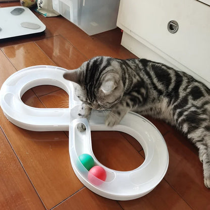 Photographie lifestyle d'un chat blanc à poils longs s'amusant avec un circuit de jeu interactif en forme de 8 de la marque Les Trésors d'Owka. Ce jeux pour chat au design minimaliste blanc comprend deux balles colorées (bleue et rose) qui circulent dans un rail sécurisé pour stimuler l'instinct de chasse. Posé sur un parquet moderne, ce jouet chat favorise l'éveil sensoriel, l'agilité et l'exercice physique tout en évitant l'ennui des félins d'intérieur. 