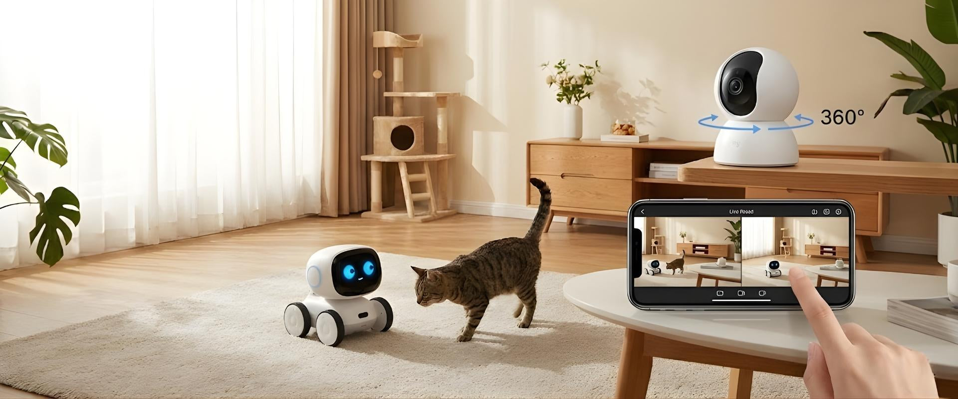 Scène de salon où un chat tigré joue avec une caméra interactive chat (robot roulant), sous l'œil d'une caméra surveillance chat 360° posée sur une étagère. Au premier plan, un smartphone affiche le flux vidéo en direct via l'application connectée.