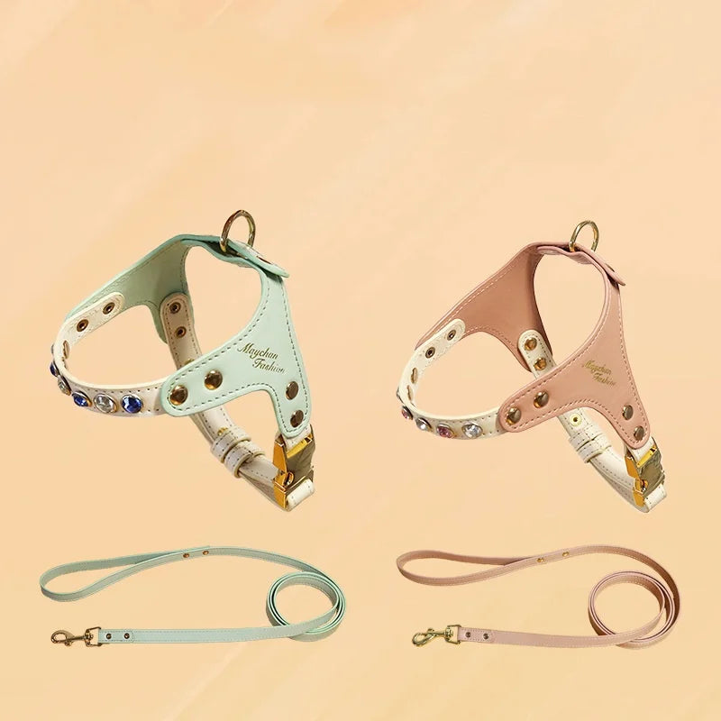 Collection de harnais pour chat de luxe 'Maychan Fashion' en cuir menthe et rose poudré avec cristaux sertis et boucles dorées. Chaque harnais élégant est présenté avec sa laisse assortie coordonnée. Un équipement de prestige alliant sécurité et esthétique raffinée, idéal comme harnais chat de créateur pour les propriétaires exigeants.