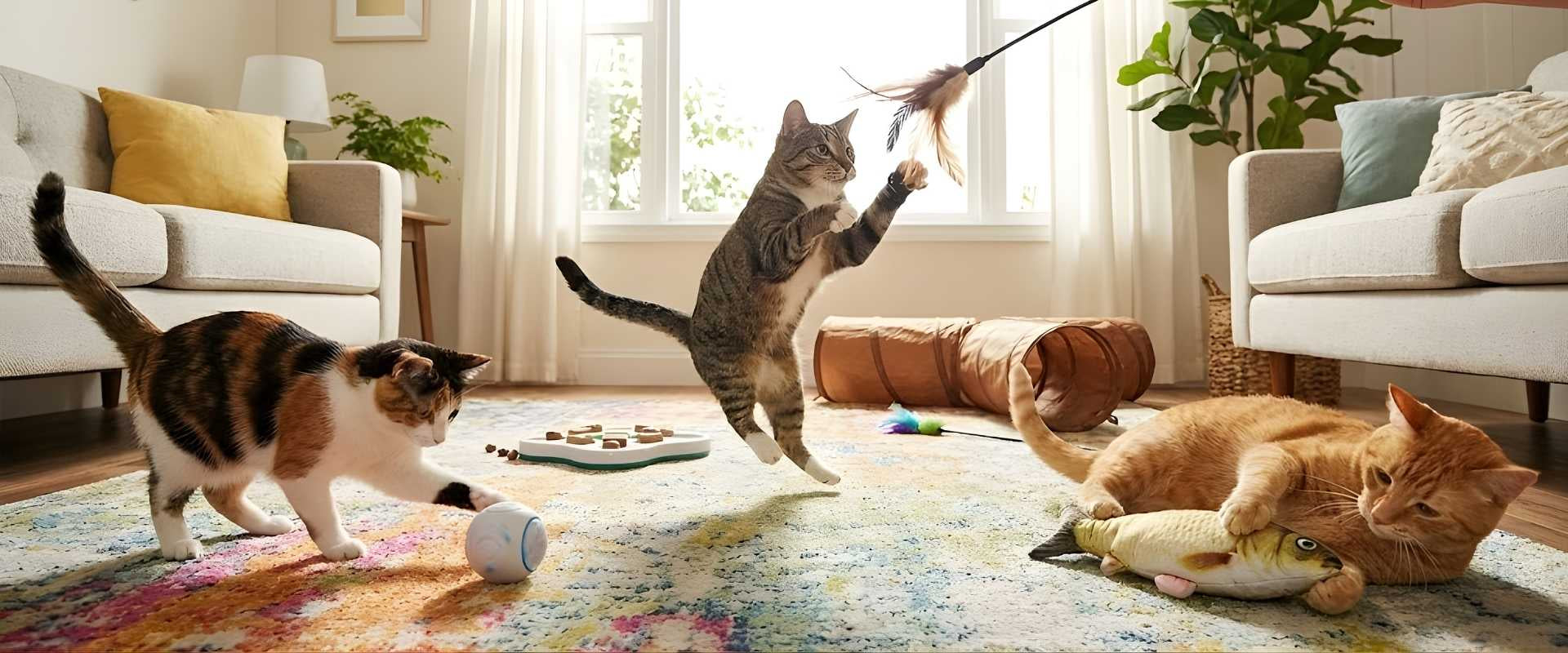 Scène de vie dans un salon lumineux où trois chats dynamiques s'amusent avec différents jouets pour chat contre l'ennui : un chat saute sur une canne à pêche interactive, un autre joue avec une balle électronique, et le troisième câline un jouet poisson à l'herbe à chat.