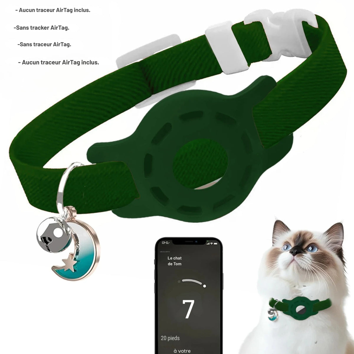 Collier AirTag chat élastique « La Lune » vert foncé, étui en silicone, grelot et pendentif lune — Les Trésors d'Owka