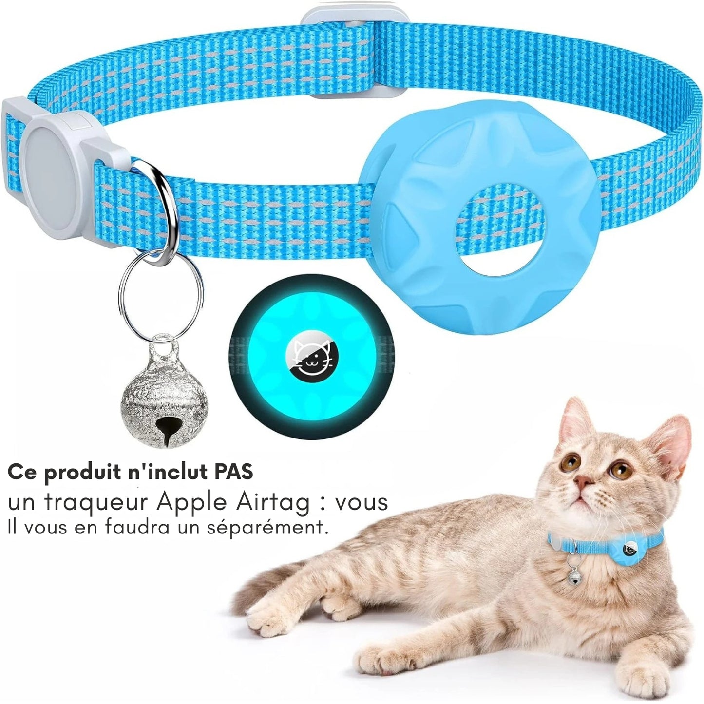 Collier réfléchissant bleu pour chat avec support AirTag intégré (vendu séparément), boucle de sécurité et clochette. Un accessoire de protection indispensable pour surveiller votre animal grâce à ce collier gps. Parfait pour sécuriser un premier collier gps pour chaton et garantir une sérénité totale lors des sorties.