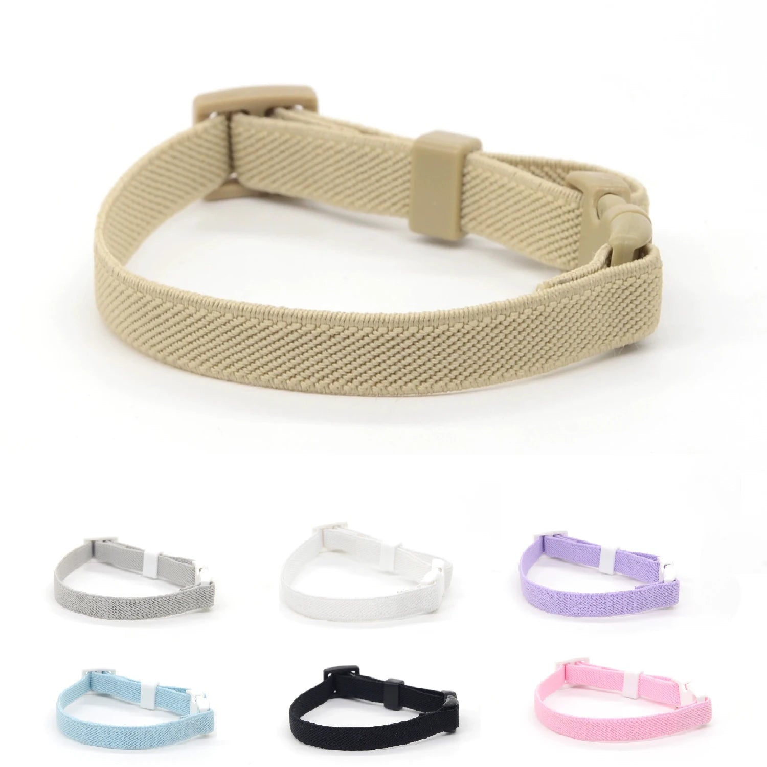Collier pour chat en nylon élastique tressé beige avec boucle de sécurité réglable, accompagné d'un aperçu de la collection en gris, blanc, violet, bleu, noir et rose.