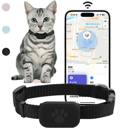 Collier pour chat noir avec support traceur GPS intégré, démonstration de localisation sur smartphone via une application de suivi en temps réel pour la sécurité des animaux de compagnie.
