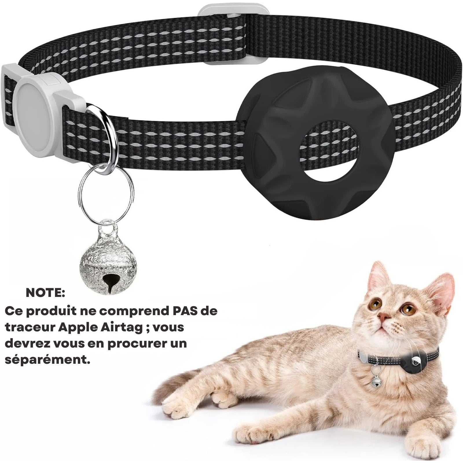 Collier réfléchissant noir pour chat avec support AirTag intégré (vendu séparément), boucle de sécurité et clochette argentée. Un accessoire de protection indispensable pour surveiller votre animal grâce à ce collier gps. Parfait pour sécuriser un premier collier gps pour chaton et garantir une sérénité totale lors des sorties.