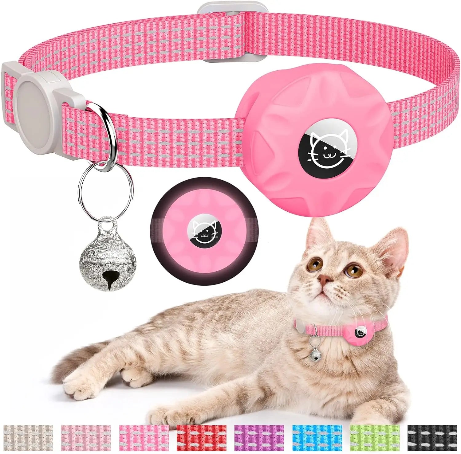 Collier pour chat rose réfléchissant avec support de protection pour traceur GPS (AirTag), boucle de sécurité et clochette argentée. Un accessoire de protection indispensable pour surveiller votre animal grâce à ce collier gps. Parfait pour sécuriser un premier collier gps pour chaton et garantir une sérénité totale lors des sorties.