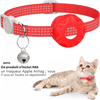 Collier réfléchissant rouge pour chat avec support AirTag intégré (vendu séparément), boucle de sécurité et clochette. Un accessoire de protection indispensable pour surveiller votre animal grâce à ce collier gps. Parfait pour sécuriser un premier collier gps pour chaton et garantir une sérénité totale lors des sorties.