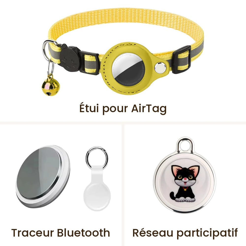 Trois façons de repérer un chat : un étui sur le collier, une balise à accrocher et un médaillon — Les Trésors d'Owka