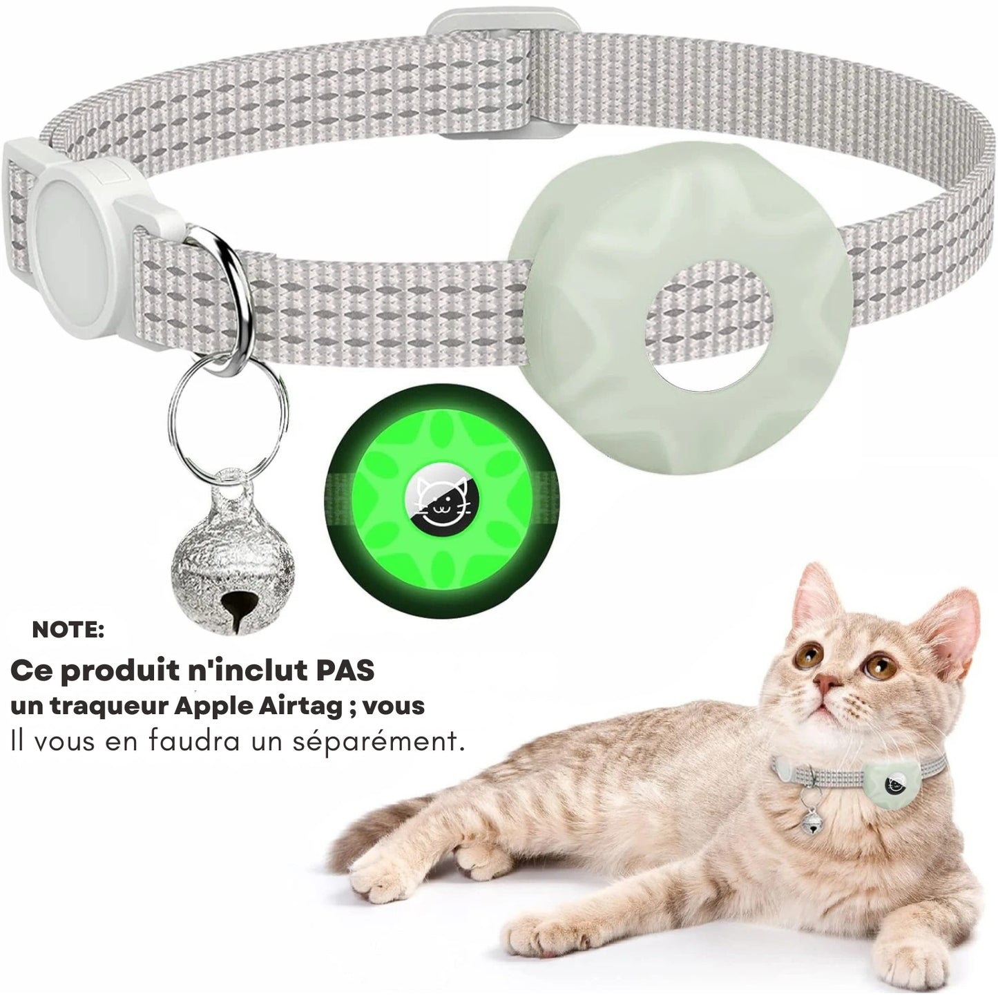 Collier gps chat réfléchissant gris avec support AirTag phosphorescent (vendu séparément), boucle de sécurité et clochette argentée. Un accessoire de protection indispensable pour surveiller votre animal grâce à ce collier gps. Parfait pour sécuriser un premier collier gps pour chaton et garantir une sérénité totale lors des sorties nocturnes.