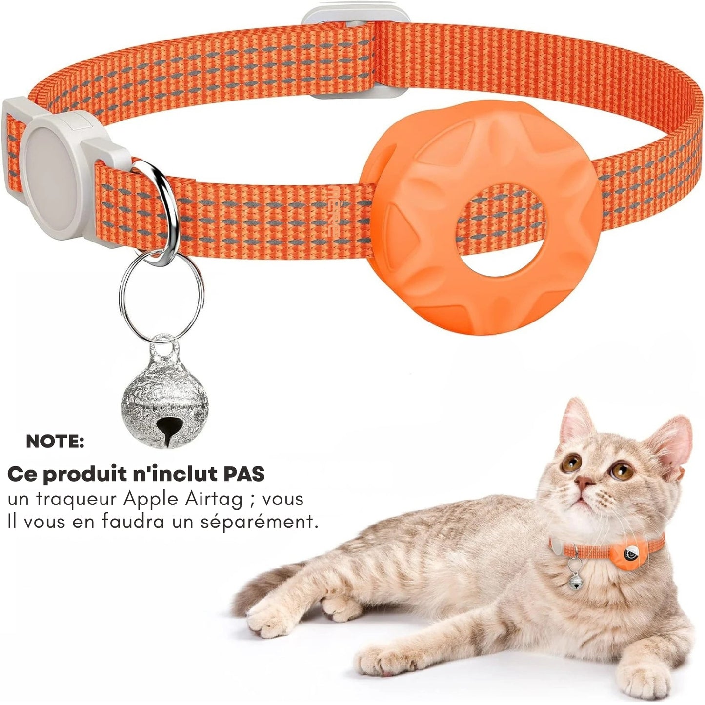 Collier gps chat réfléchissant orange avec support AirTag intégré (vendu séparément), boucle de sécurité et clochette argentée. Un accessoire de protection indispensable pour surveiller votre animal grâce à ce collier gps. Parfait pour sécuriser un premier collier gps pour chaton et garantir une sérénité totale lors des sorties.