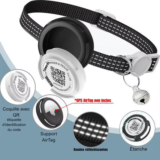 Collier gps chat noir avec bandes réfléchissantes et système de double sécurité. Le visuel détaille la coquille avec QR code d'identification, le support pour traceur AirTag étanche et la sangle haute visibilité. Une solution de traçage complète et robuste, idéale comme collier gps pour chaton aventurier (GPS AirTag non inclus).