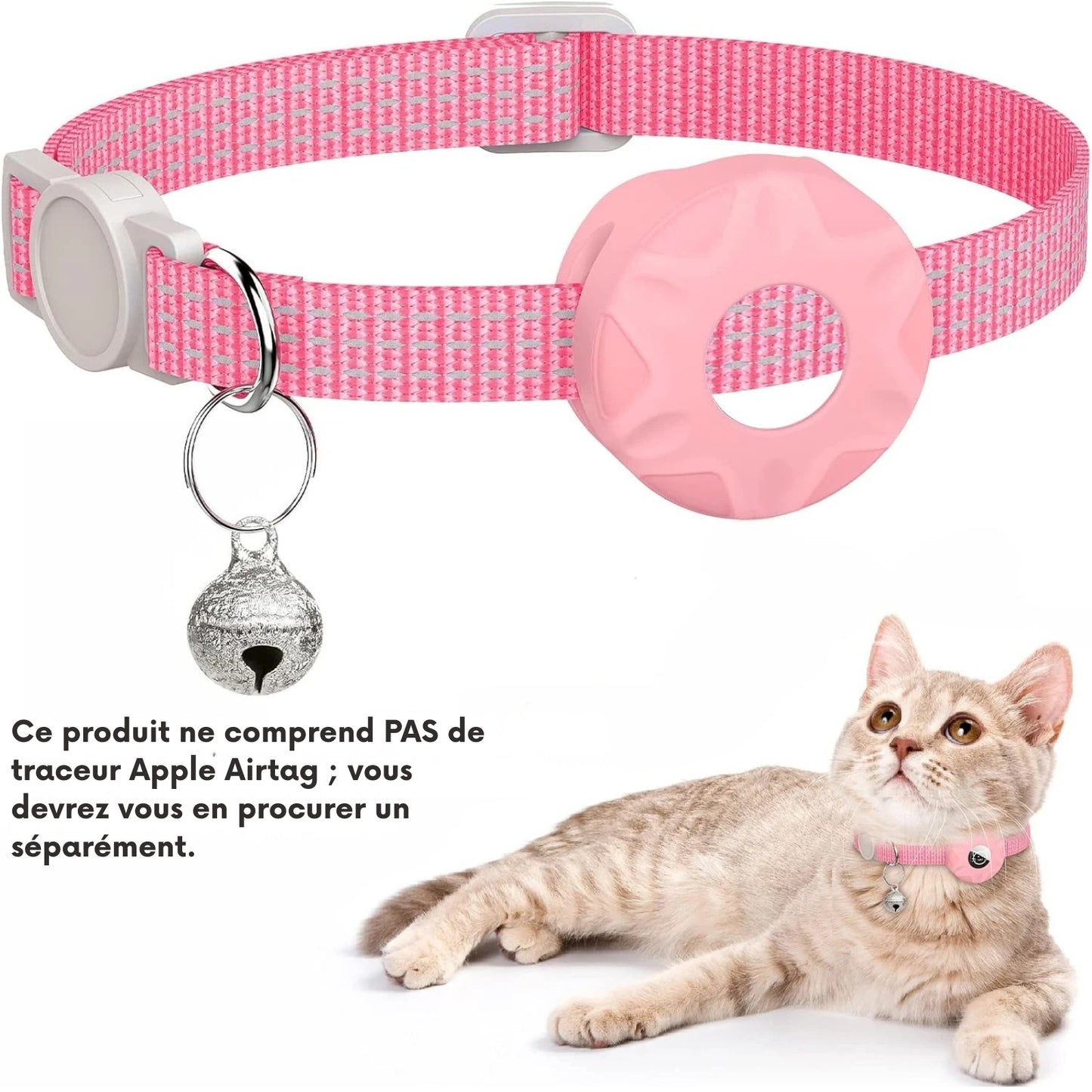 Collier gps chat réfléchissant rose clair avec support AirTag intégré (vendu séparément), boucle de sécurité et clochette argentée. Un accessoire de protection indispensable pour surveiller votre animal grâce à ce collier gps. Parfait pour sécuriser un premier collier gps pour chaton et garantir une sérénité totale lors des sorties.