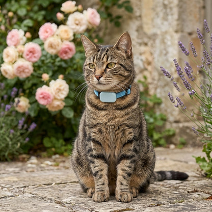 Collier GPS chat sans abonnement bleu avec traceur Apple Find My porté par un chat tigré dans un jardin fleuri - Les Trésors d'Owka
