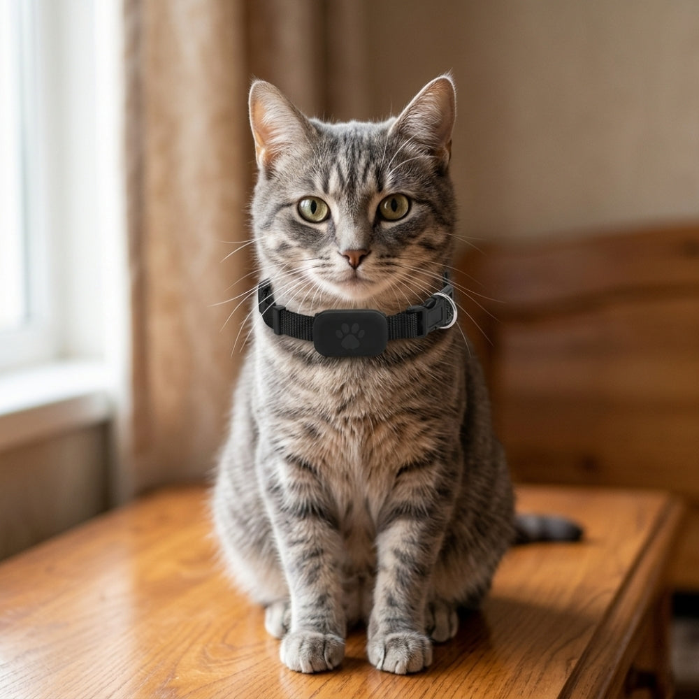 Collier GPS chat sans abonnement noir avec traceur patte de chat porté par un chat gris en intérieur - Les Trésors d'Owka