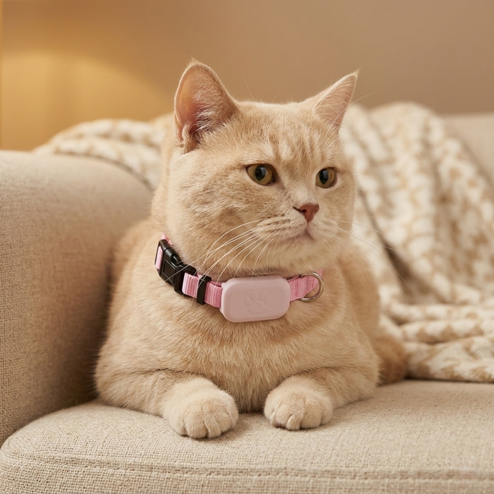 Collier GPS chat sans abonnement rose avec traceur discret porté par un chat crème sur un canapé beige - Les Trésors d'Owka