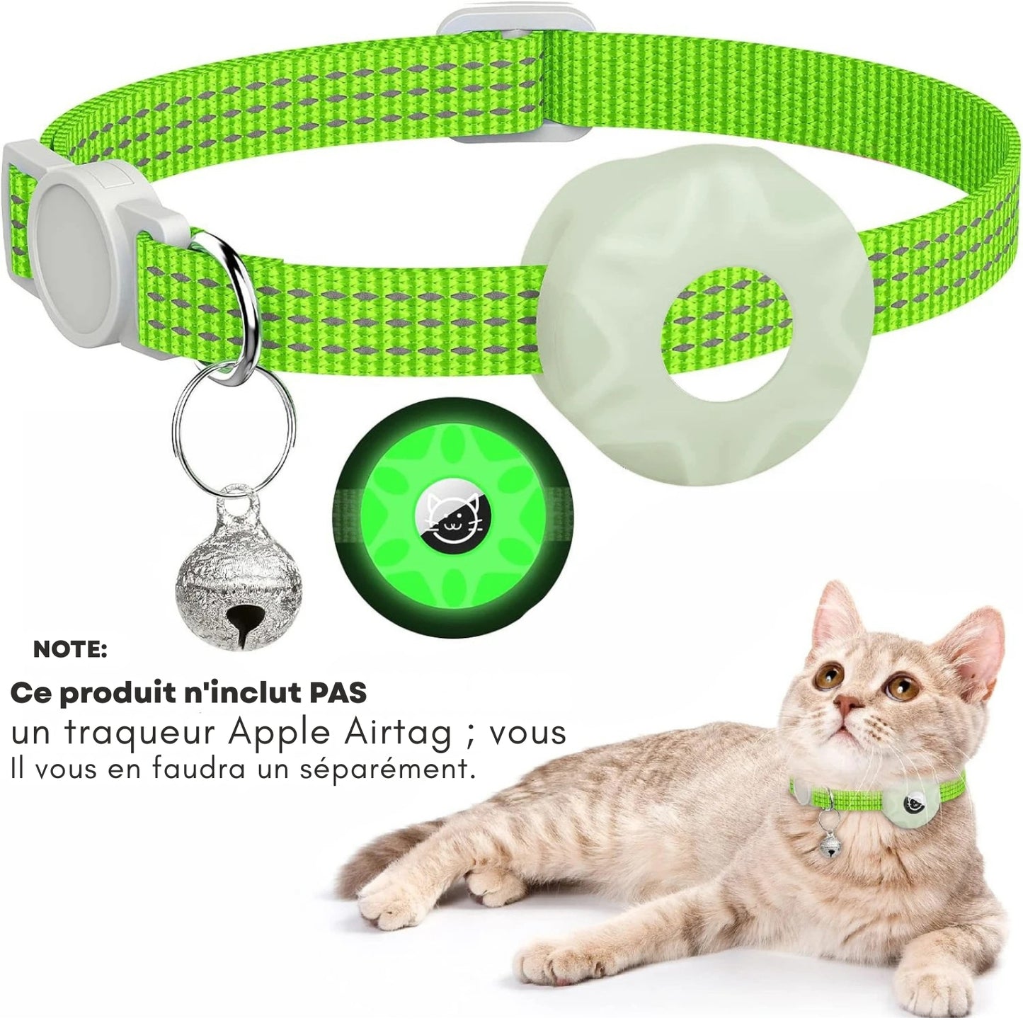 Collier gps chat réfléchissant vert pomme avec support AirTag phosphorescent (vendu séparément), boucle de sécurité et clochette argentée. Un accessoire de protection indispensable pour surveiller votre animal grâce à ce collier gps. Parfait pour sécuriser un premier collier gps pour chaton et garantir une sérénité totale lors des sorties nocturnes.