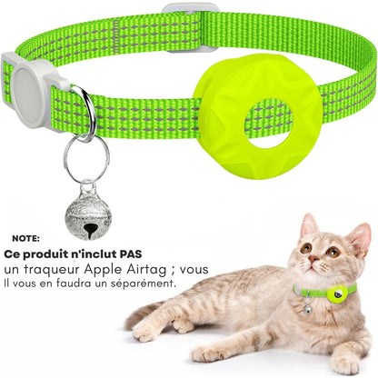 Collier gps chat réfléchissant vert avec support AirTag intégré (vendu séparément), boucle de sécurité et clochette argentée. Un accessoire de protection indispensable pour surveiller votre animal grâce à ce collier gps. Parfait pour sécuriser un premier collier gps pour chaton et garantir une sérénité totale lors des sorties.