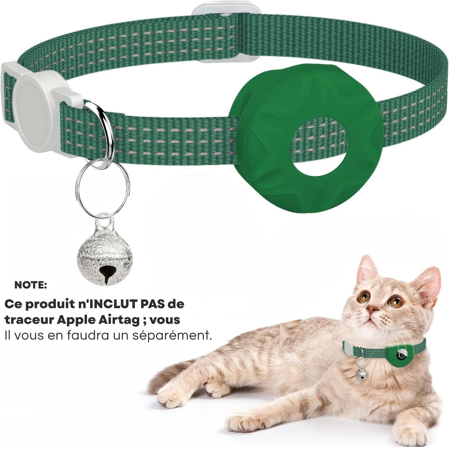 Collier gps chat réfléchissant vert sapin avec support AirTag intégré (vendu séparément), boucle de sécurité et clochette argentée. Un accessoire de protection indispensable pour surveiller votre animal grâce à ce collier gps. Parfait pour sécuriser un premier collier gps pour chaton et garantir une sérénité totale lors des sorties.