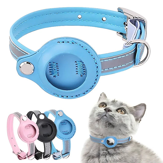 Chat tigré portant un collier gps pour chat bleu avec support AirTag intégré. L'image montre un smartphone affichant le positionnement précis à 6 mètres. Ce collier gps chat réfléchissant est une solution de sécurité fiable, utilisable même comme collier gps à chat bureau pour suivre votre animal en extérieur.