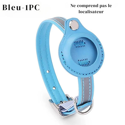 Collier gps pour chat bleu (unité seule) avec support AirTag intégré et bande réfléchissante. Ce collier gps chat réglable possède une boucle sécurisée et une attache robuste. Une solution de protection type collier gps à chat bureau idéale pour accueillir votre propre traceur de localisation.