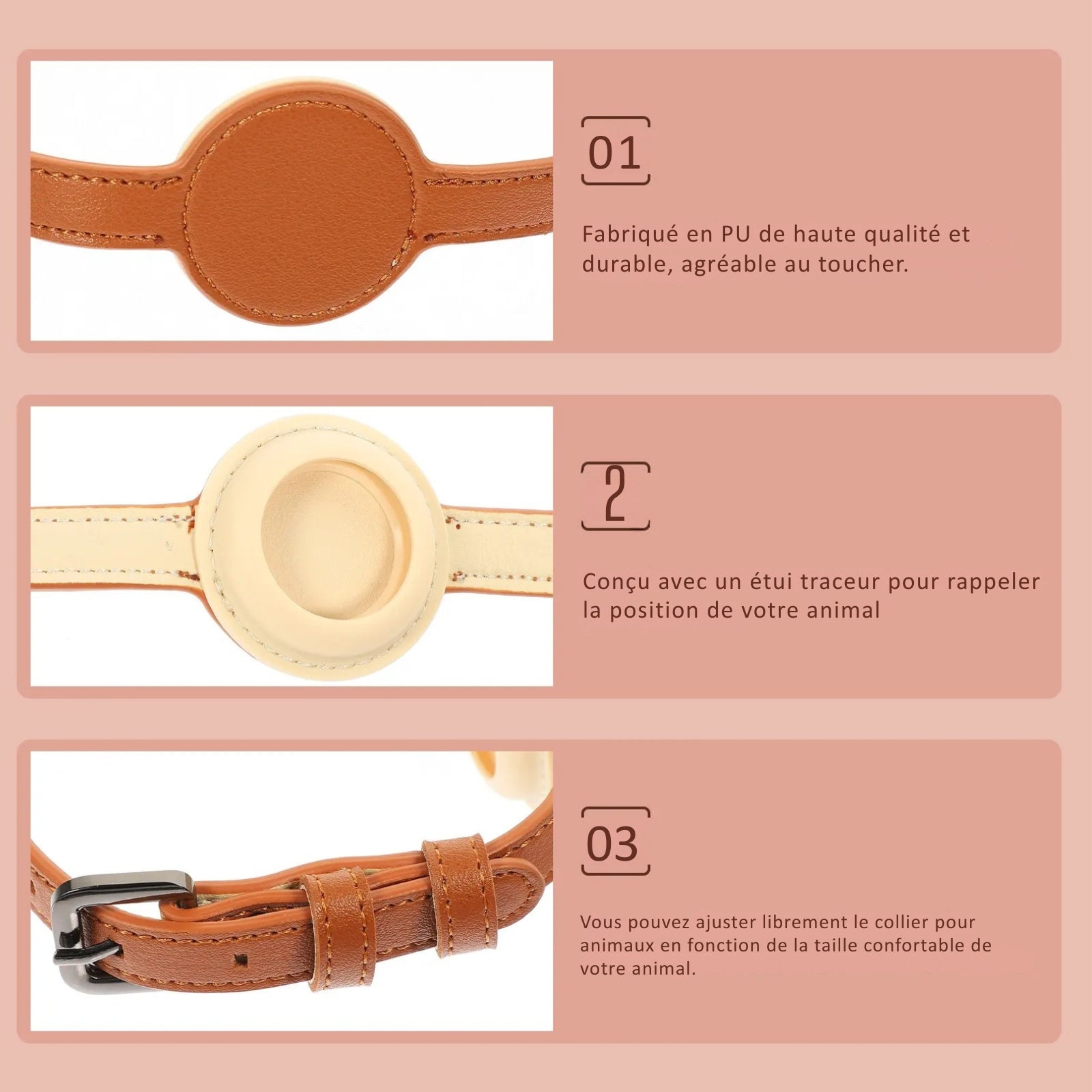 Infographie du collier gps pour chat marron en cuir avec design ajustable. Chat noir et blanc portant ce collier gps chat confortable à côté d'un chien. Détails en gros plan sur la boucle métallique robuste et les trous de réglage de précision. Une solution type collier gps à chat offrant un ajustement libre et sécurisé pour votre animal.