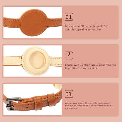 Infographie du collier gps pour chat marron en cuir avec design ajustable. Chat noir et blanc portant ce collier gps chat confortable à côté d'un chien. Détails en gros plan sur la boucle métallique robuste et les trous de réglage de précision. Une solution type collier gps à chat offrant un ajustement libre et sécurisé pour votre animal.