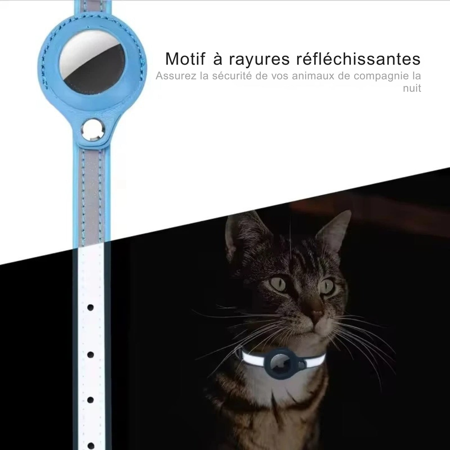 Collier gps pour chat réfléchissant bleu avec support AirTag. L'image montre l'effet haute visibilité des bandes réfléchissantes la nuit. Ce collier gps chat ajustable assure la sécurité nocturne de votre félin. Une solution fiable type collier gps à chat bureau pour suivre votre animal 24h/24.