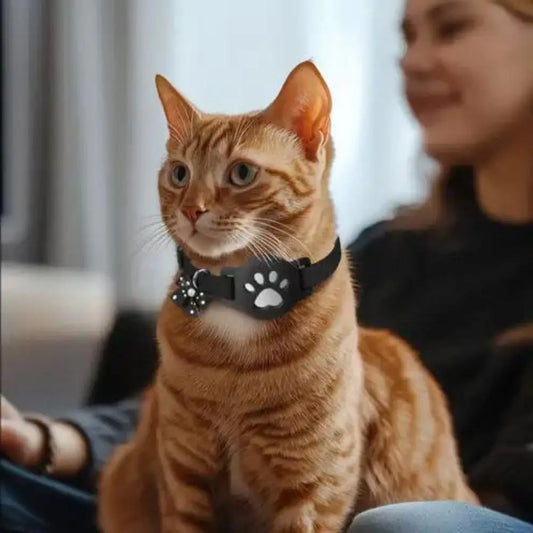 Collier gps pour chat rouge avec support AirTag en forme de patte de chat et nœud décoratif à pois. Chats en pleine action en extérieur portant ce collier gps chat sécurisé avec boucle breakaway. Une solution de suivi type collier gps à chat bureau robuste et esthétique pour assurer la sécurité des félins actifs.
