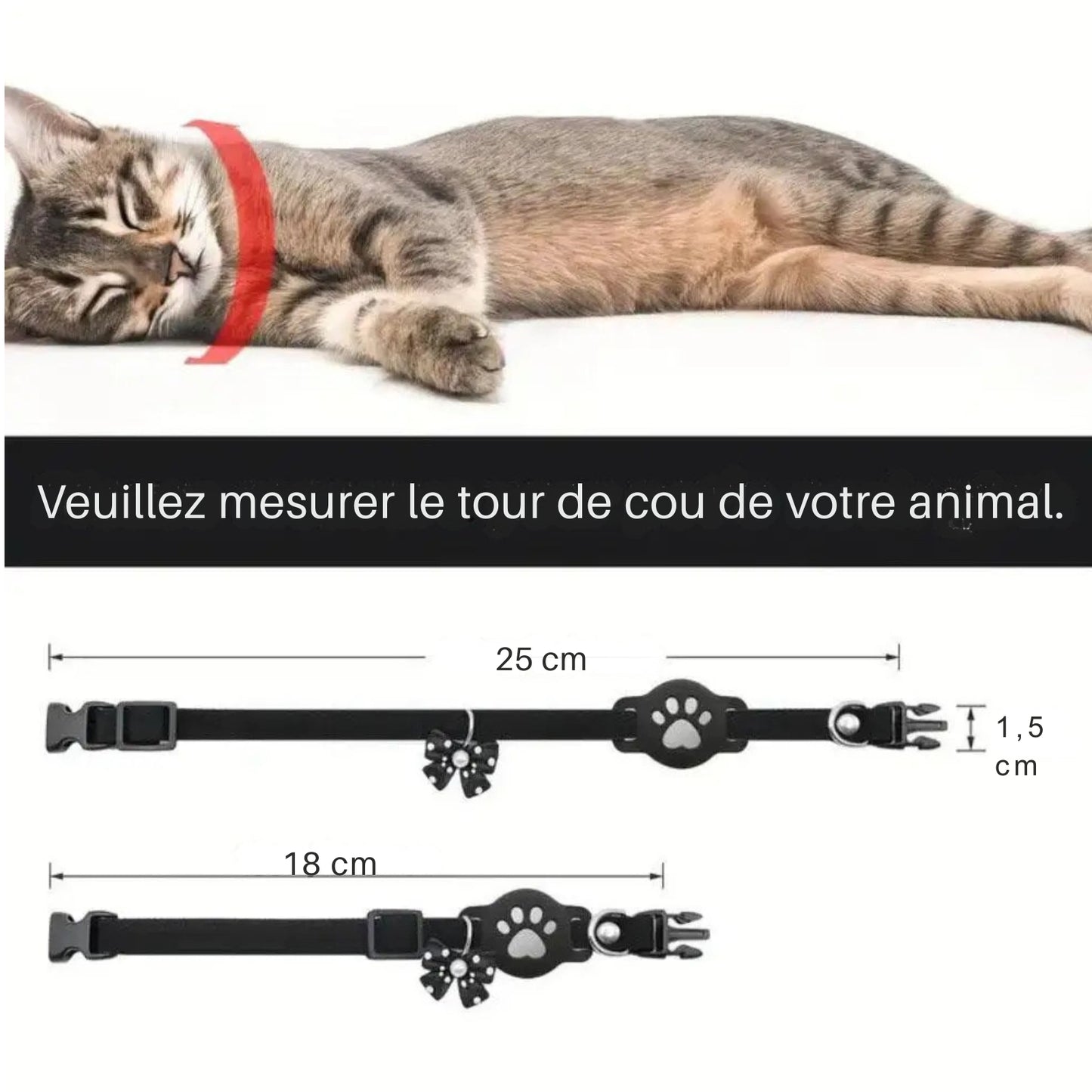 Collier gps pour chat rouge vif en nylon avec support AirTag en forme de patte de chat noire. Chat crème portant ce collier gps chat réglable avec boucle de sécurité breakaway et nœud papillon à pois assorti. Un accessoire de suivi type collier gps à chat bureau haute visibilité, robuste et confortable pour protéger votre animal.
