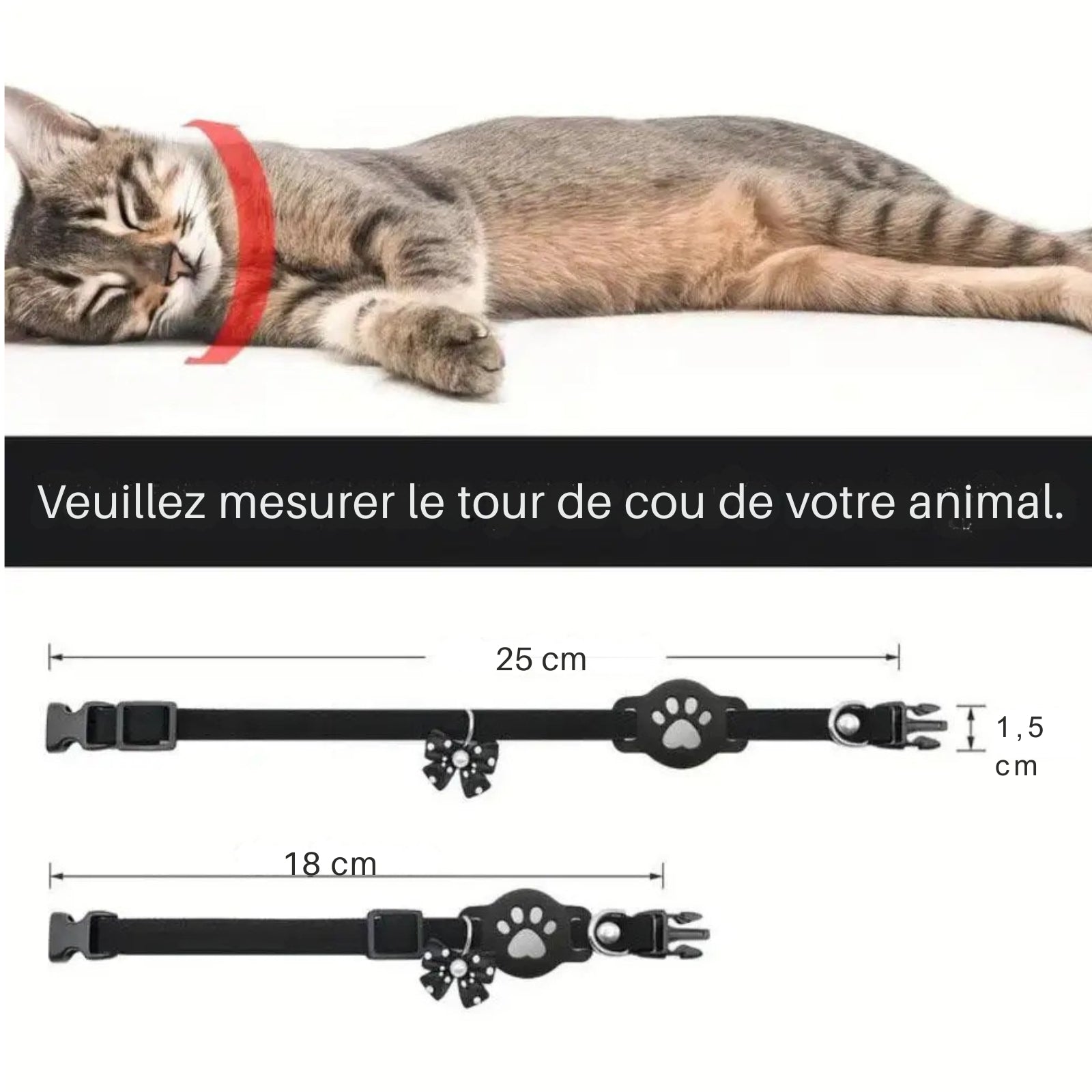 Collier gps pour chat rouge vif en nylon avec support AirTag en forme de patte de chat noire. Chat crème portant ce collier gps chat réglable avec boucle de sécurité breakaway et nœud papillon à pois assorti. Un accessoire de suivi type collier gps à chat bureau haute visibilité, robuste et confortable pour protéger votre animal.