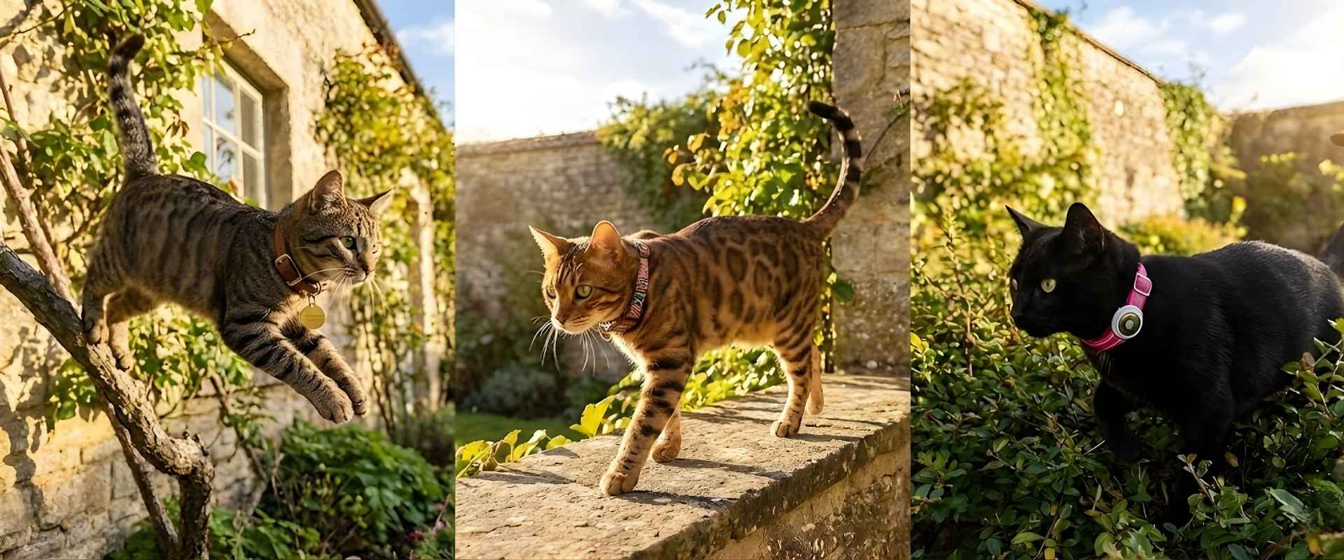 Triptyque de trois chats aventuriers en extérieur équipés de colliers pour chat anti-étranglement : un chat tigré sautant avec un collier en cuir classique, un chat Bengal marchant sur un mur avec un collier bohème à motifs, et un chat noir explorant des buissons avec un collier pour chat avec AirTag rose.