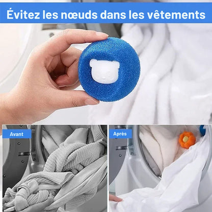 Infographie comparative présentant l'efficacité des balles de lavage anti poils chat de la marque Les Trésors d'Owka pour éviter que les vêtements ne s'emmêlent en machine. L'image montre un "Avant" avec du linge noué et un "Après" avec des textiles fluides et propres grâce à l'utilisation des balles anti poils en forme de panda. Ce dispositif mécanique sépare les fibres pour capturer les poils d'animaux, cheveux et peluches tout en protégeant le tambour de votre lave-linge. Ces accesoires chat indispensabl