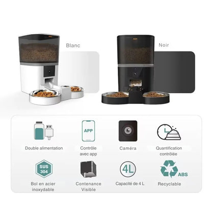 Comparatif des distributeurs automatiques de croquettes blanc et noir avec caméra intégrée, double gamelle en inox, réservoir de 4L et contrôle par application smartphone.
