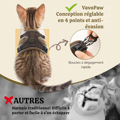 Comparatif entre un harnais pour chat VavoPaw anti-évasion et un harnais traditionnel. Le visuel montre la conception réglable en 4 points sur un chaton et un zoom sur les boucles à dégagement rapide. Ce harnais chat ergonomique offre une sécurité supérieure contre les fuites contrairement aux modèles classiques de harnais animaux difficiles à ajuster.