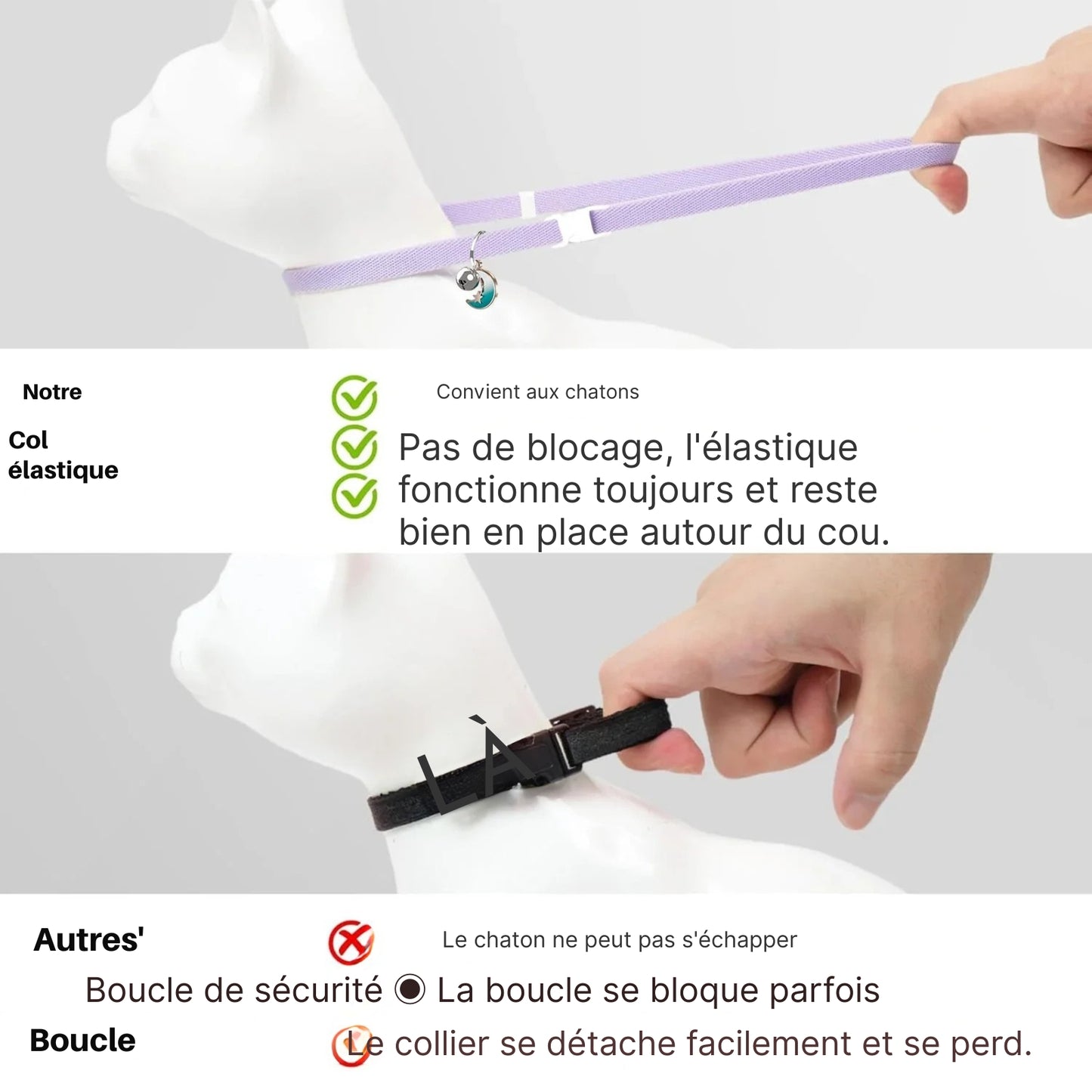 Comparatif de sécurité entre un collier gps chat élastique et un modèle à boucle classique. Le visuel démontre que notre col élastique convient aux chatons, ne se bloque pas et reste bien en place, contrairement aux autres boucles qui se perdent facilement. Une solution de confiance pour choisir un collier gps durable, idéal comme premier collier gps pour chaton.