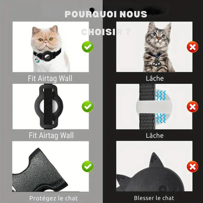Comparatif de sécurité pour collier gps chat. Le visuel démontre la supériorité du modèle "Fit Airtag Wall" qui reste bien en place et protège le chat contre les blessures, contrairement aux modèles concurrents trop lâches ou pointus. Une solution de confiance pour choisir un collier gps adapté et sécurisant, parfait comme premier collier gps pour chaton.